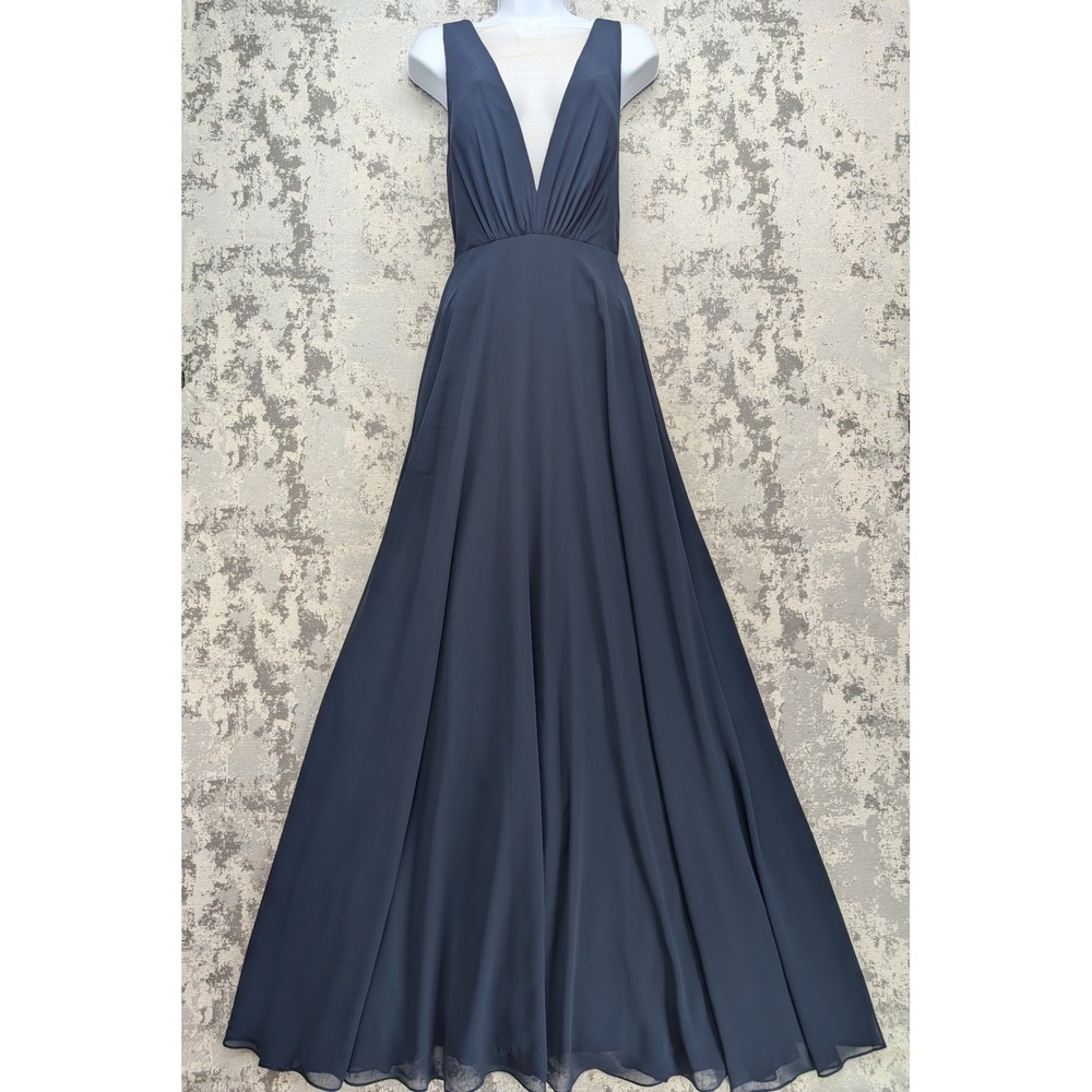 Jenny Yoo Collection Navy Deep V Neck Pleated Chiffon Maxi Dress Gown Sz 10 $285
